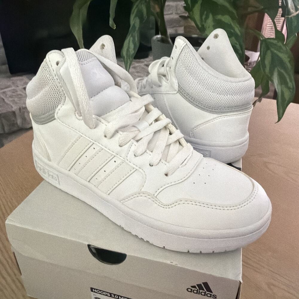 Adidas Hoops 3.0 Mid Kids 2.5 White Grey Basketball Shoe